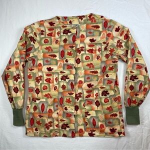 Crest Scrub Jacket Small Multi Color Fall Harvest Leaves‎ Snap-Up Pockets